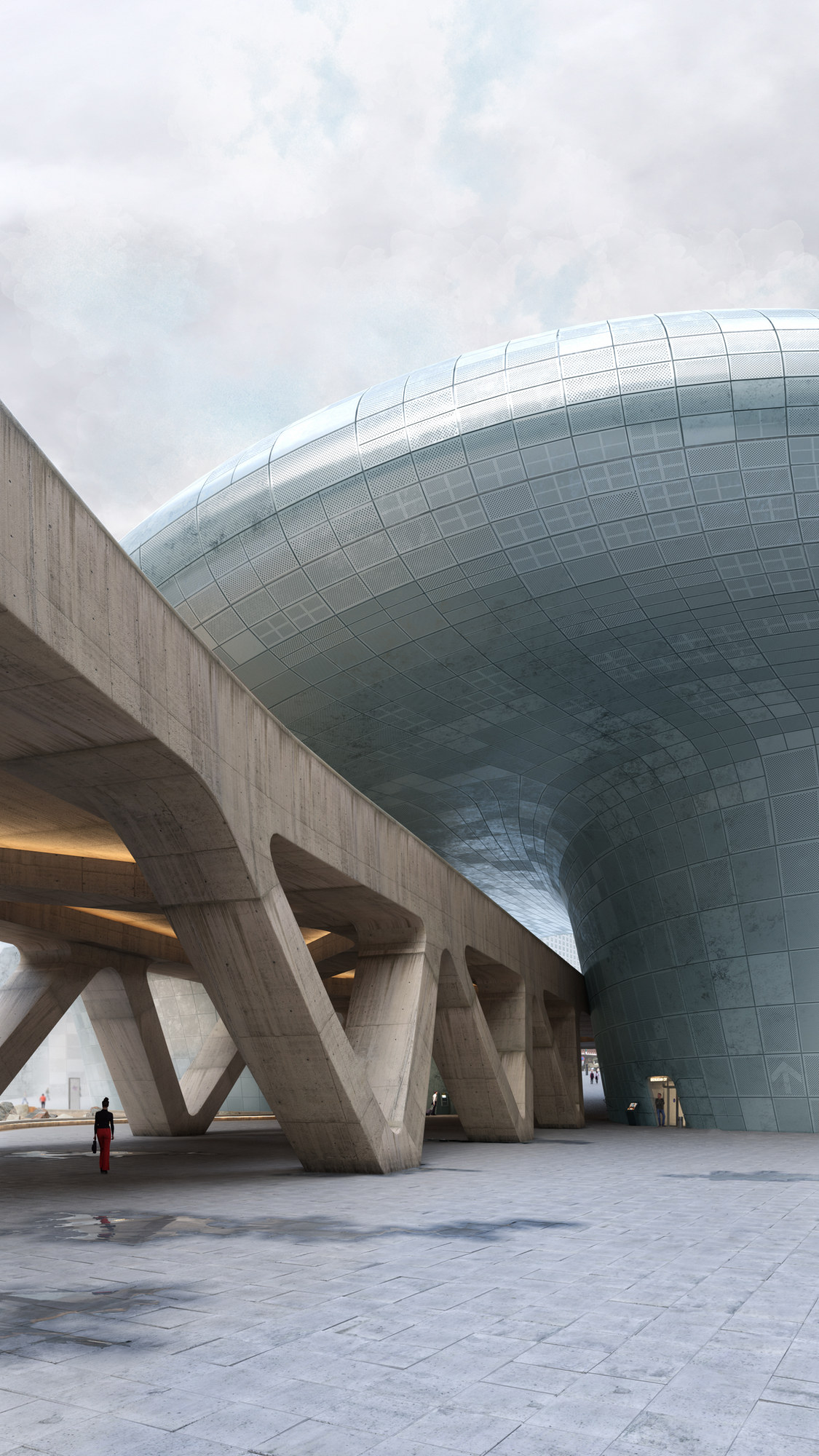Exterior render of a curved glass building